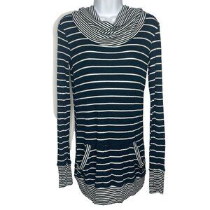 Betabrand CYA Baselayer Hoodie Size S Green White Striped Thermal Cowl Neck